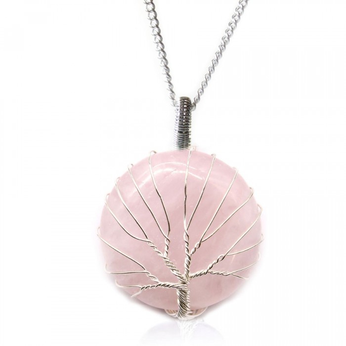 Μενταγιόν με αλυσίδα Tree of Life Ροζ Χαλαζία - Rose Quartz Μενταγιόν